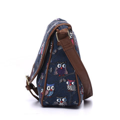 Adjustable Strap Canvas Owl Printed Shoulder Bag Blue