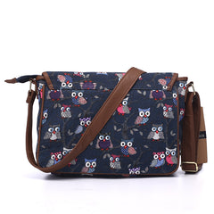 Adjustable Strap Canvas Owl Printed Shoulder Bag Blue