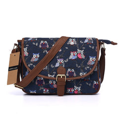 Adjustable Strap Canvas Owl Printed Shoulder Bag Blue