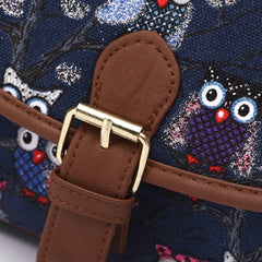 Adjustable Strap Canvas Owl Printed Shoulder Bag Blue