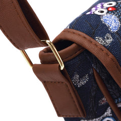Adjustable Strap Canvas Owl Printed Shoulder Bag Blue