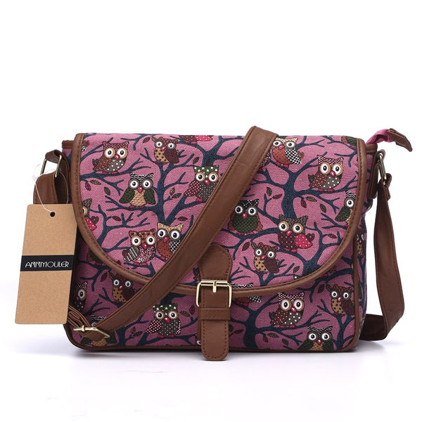 Owl Printed Patchwork Shoulder Bag Purple