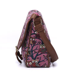 Adjustable Strap Canvas Owl Printed Shoulder Bag Purple