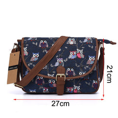 Adjustable Strap Canvas Owl Printed Shoulder Bag Blue