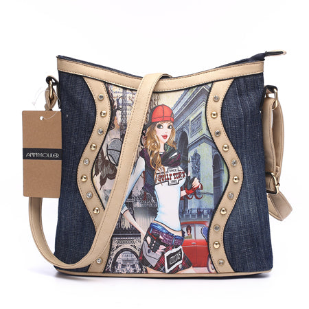 AnnaMouler Cartoon Printed Denim Shoulder Bag Khaki