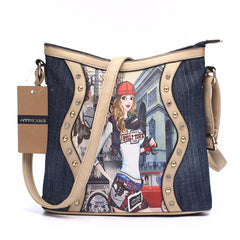 AnnaMouler Cartoon Printed Denim Shoulder Bag Khaki