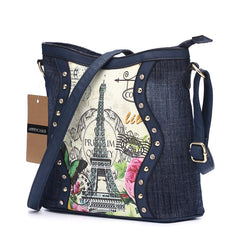 AnnaMouler Cartoon Printed Denim Shoulder Bag Blue