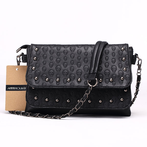 Fashionable PU Leather Rivet Skull Handbag Black